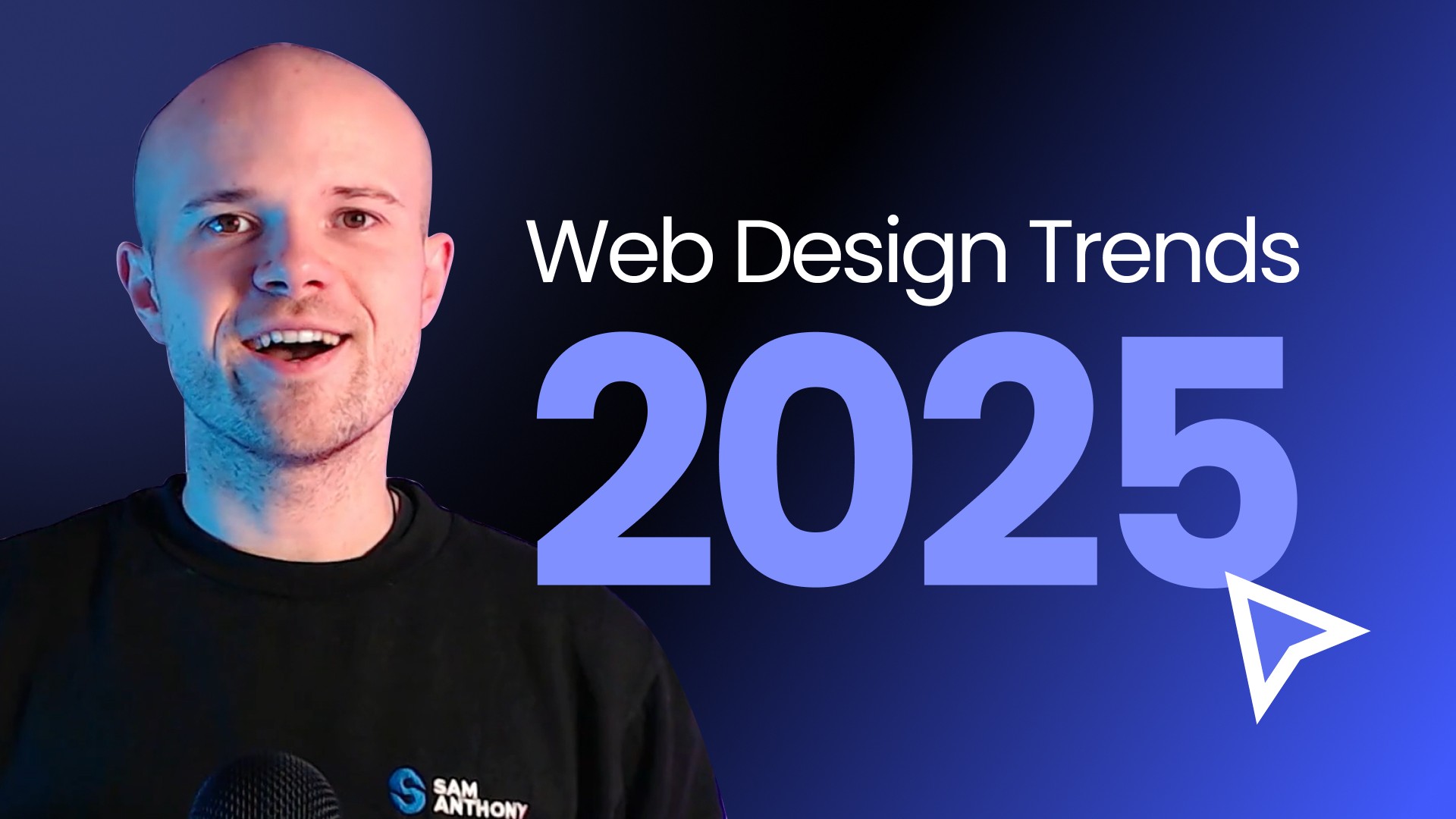 The words web design trends 2025 next to designer Sam Anthony