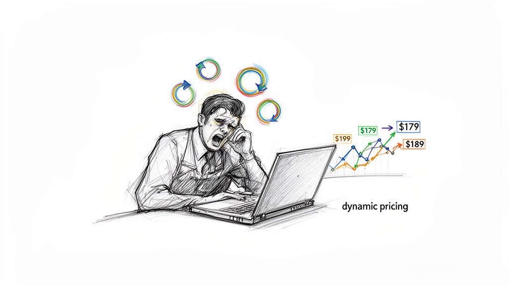 Sketch of a stressed man at a laptop, frustrated by dynamic pricing shown with fluctuating prices and circular arrows.