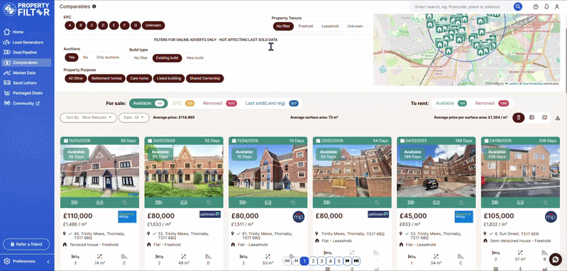 Property Filter price per square metre comparables showing Northeast deal analysis
