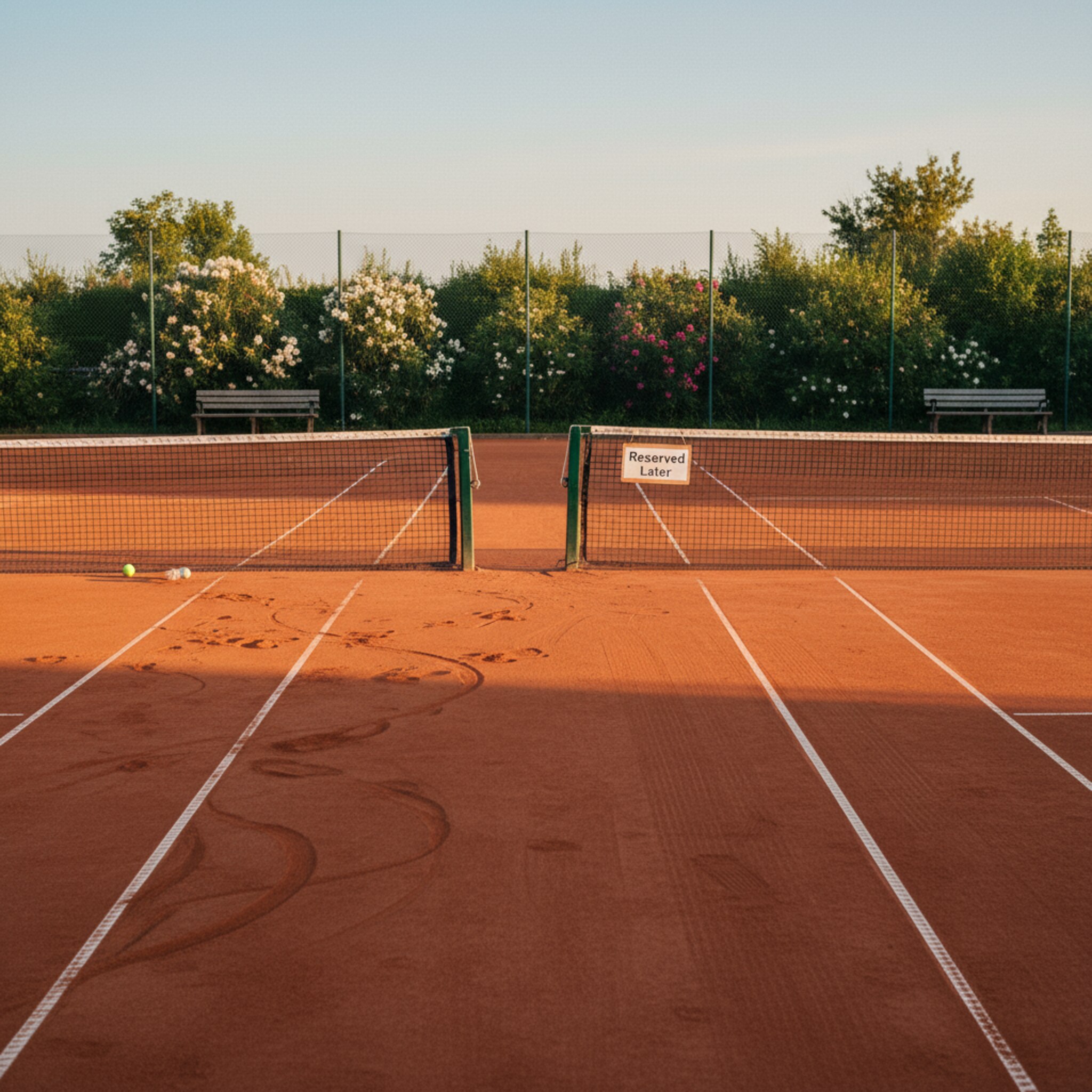 Zwei benachbarte Tennisplätze zeigen unterschiedliche Nutzung. Auf dem linken Platz spielten eben noch Kinder, frische Fußspuren zeichnen Bögen im Sand. Der rechte Platz ist sauber abgezogen und mit einem schlichten Holzschild am Netz für später markiert. Hinter dem Zaun blühen Sträucher, Abendlicht legt sich warm auf die Linien.