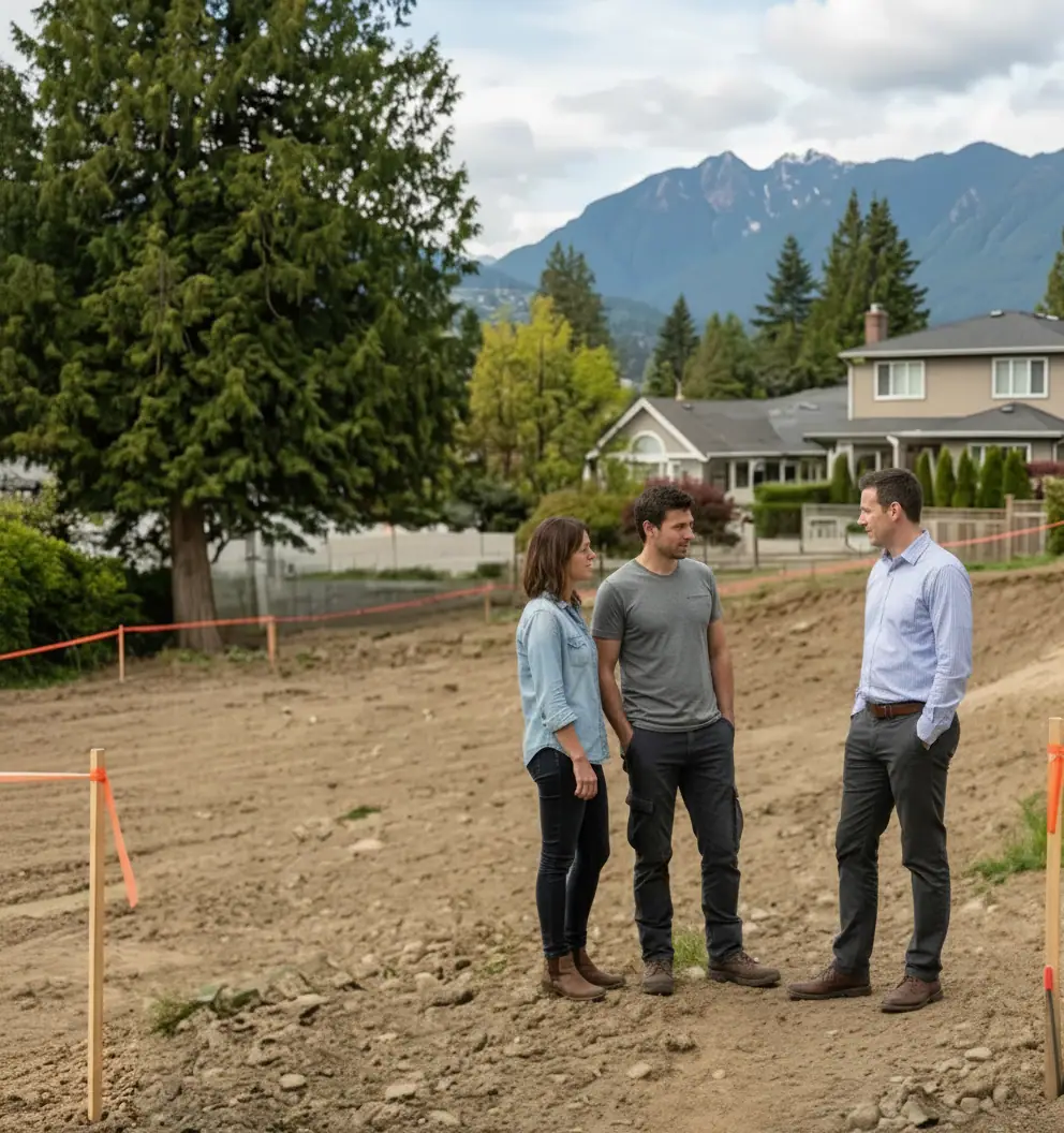 couple on their property lot speaking with a representative of vancouver custom homes