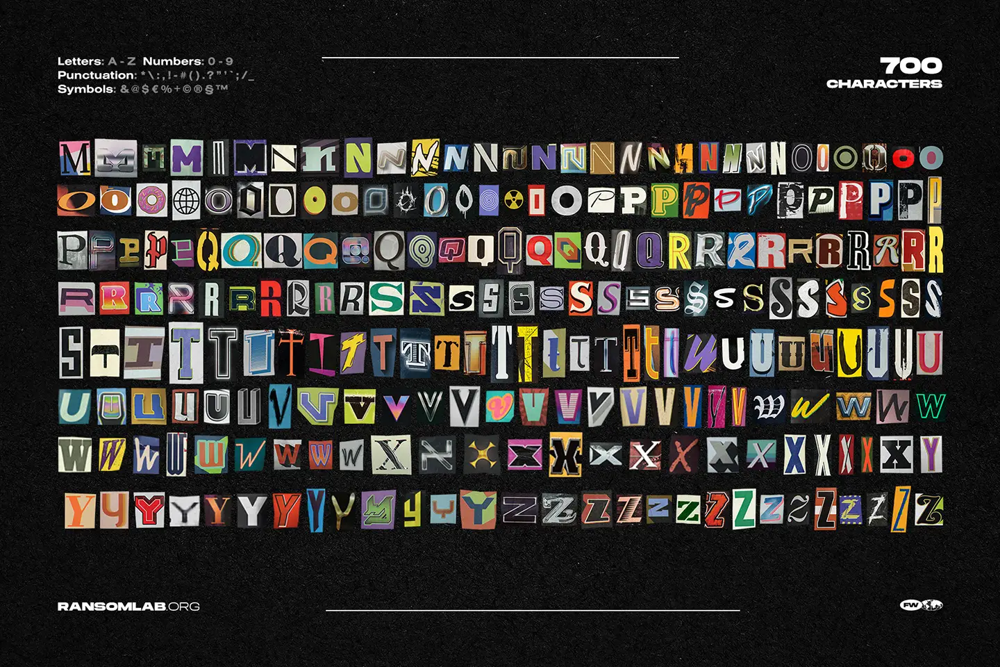 RansomLab character set including various punctuation marks symbols and colorful vintage magazine letter clippings