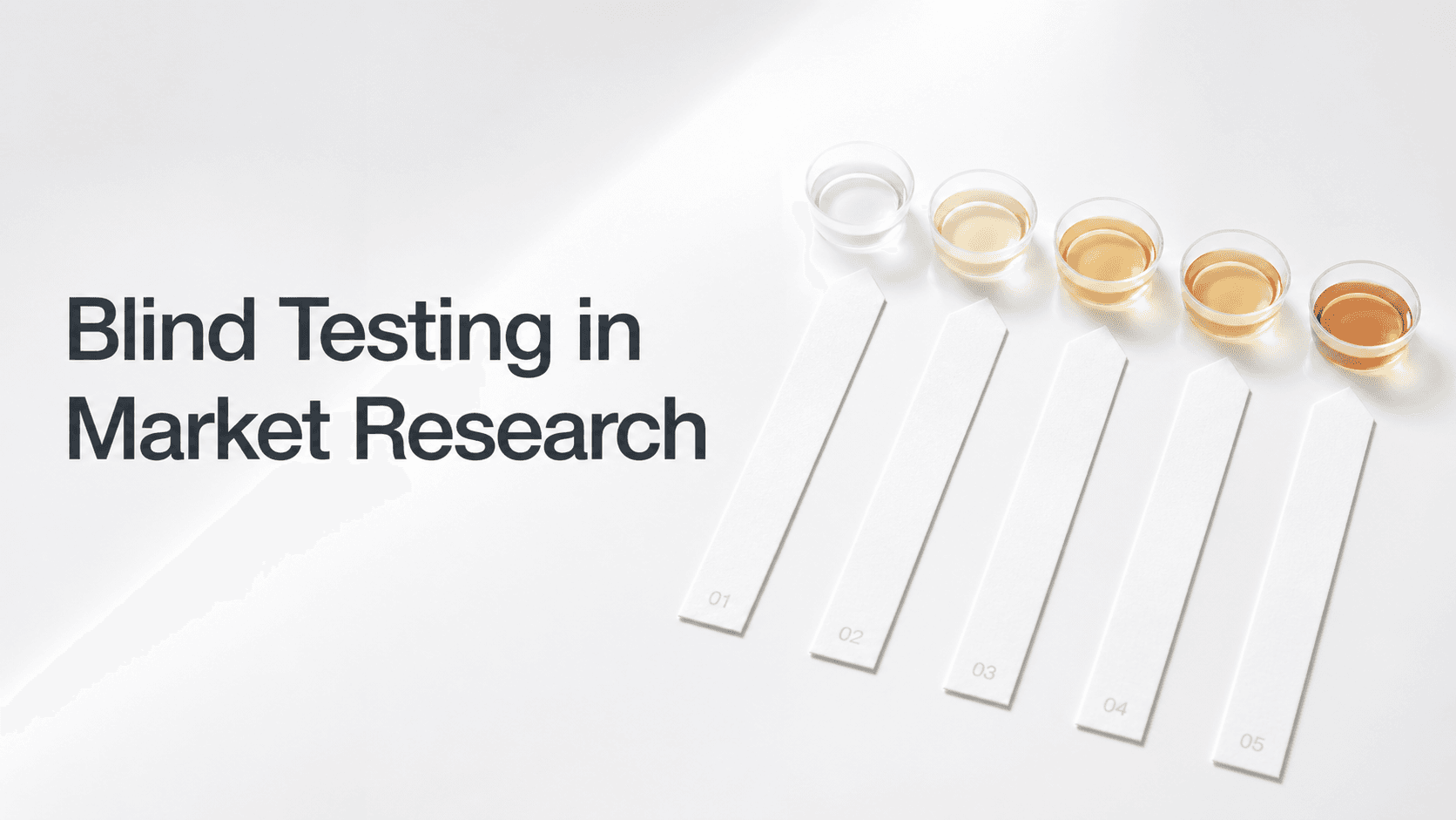 Cover image for a blind testing blog showing five unlabeled sample cups arranged above numbered cards, illustrating product evaluation without brand identifiers in market research.