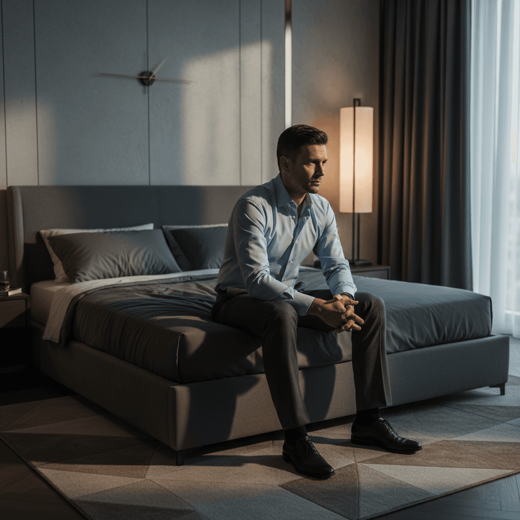 A stylishly dressed man, mid-thirties, sitting on the edge of a bed, looking down and away from the camera with a stressed, preoccupied expression, symbolizing diminished sexual drive and performance issues.