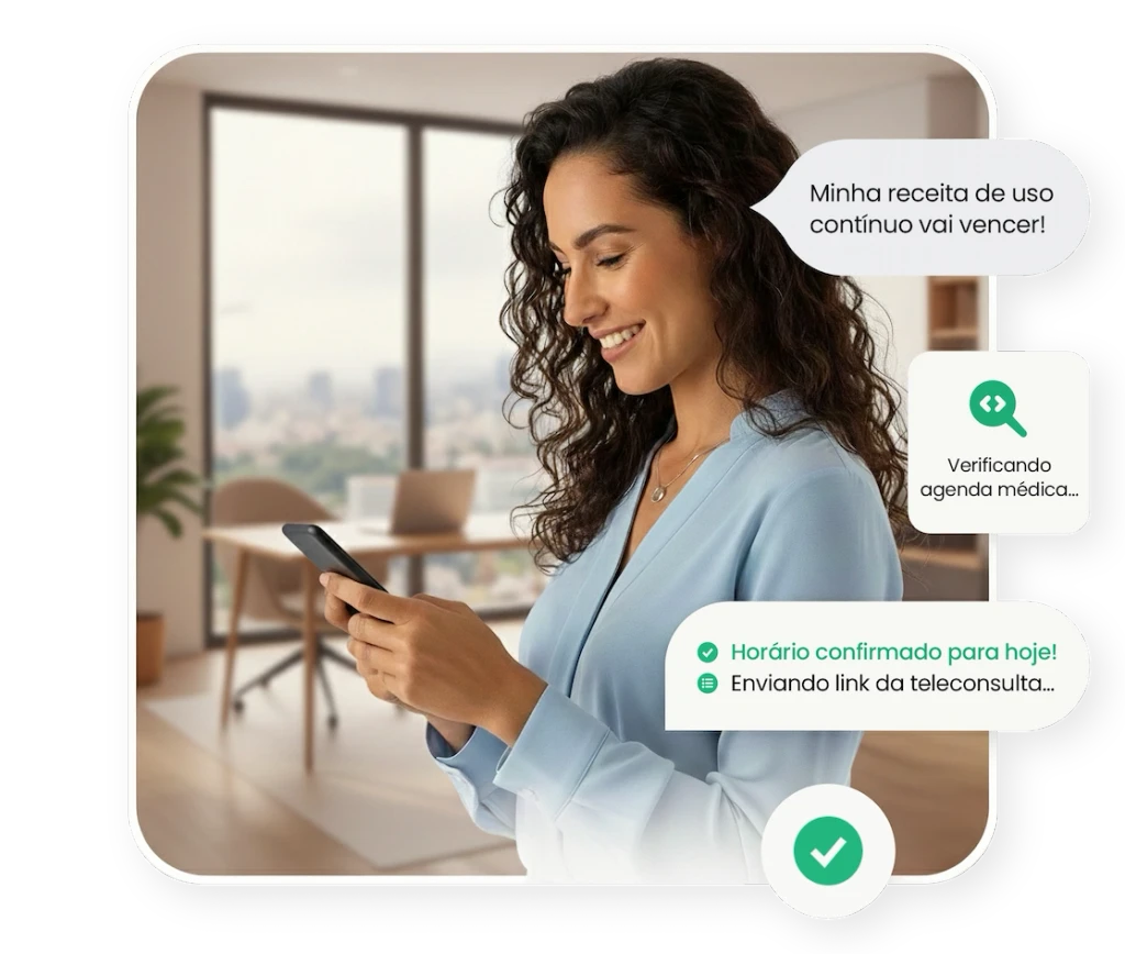 Mulher sorrindo usa celular, com balões de diálogo mostrando notificação de receita médica a vencer, agendamento automático de teleconsulta para o mesmo dia e envio do link, ilustrando uma solução de saúde digital eficiente.