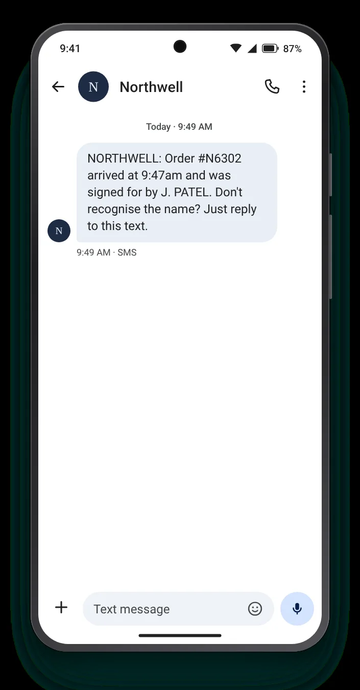 The name of whoever signed delivery confirmation text on an Android phone