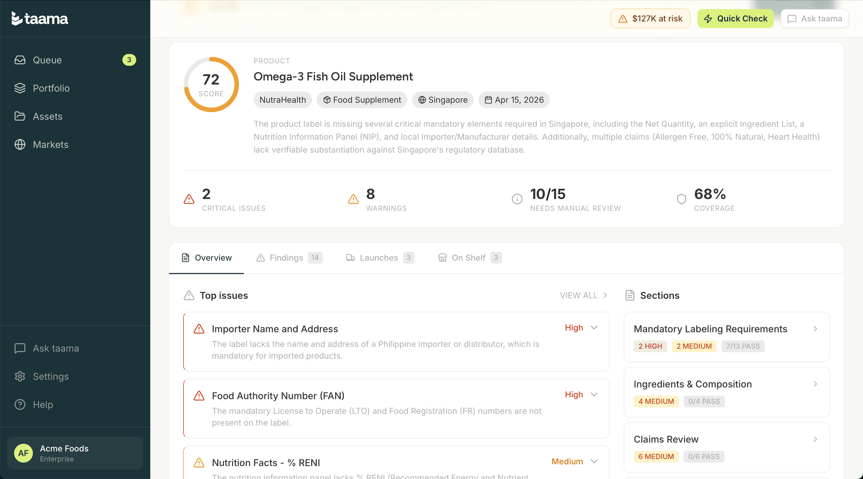 Dashboard showing a list of products and their compliance status with filtering options.