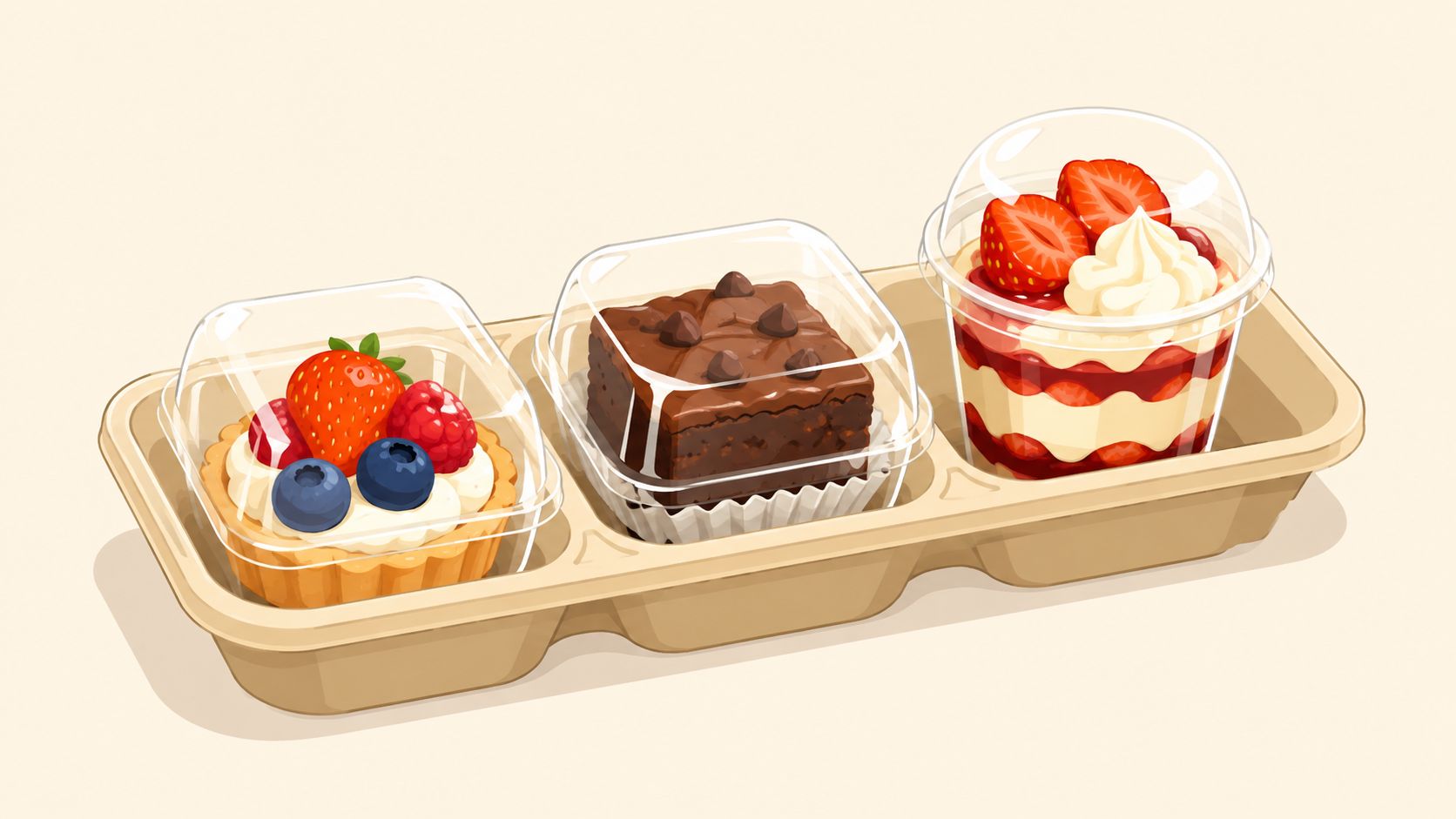 Una bandeja de cartón con tres postres individuales, incluyendo una tarta de frutos rojos, un brownie y parfait.