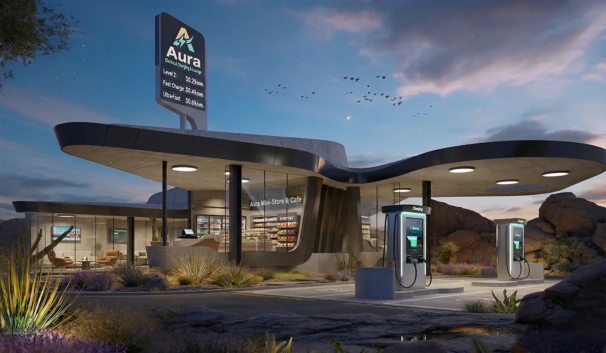 ai Googie futuristic "Space Age style" for EV charging station with curved roof lines.