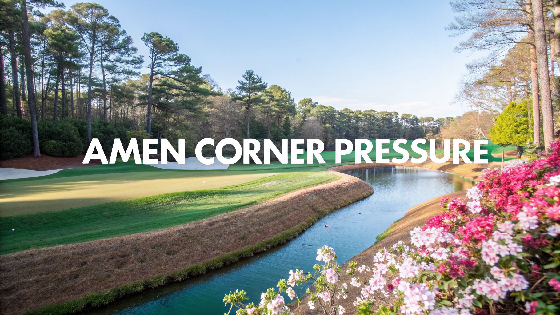 Amen Corner at Augusta National, featuring a beautiful golf course, water hazard, and colorful azaleas under a clear sky.