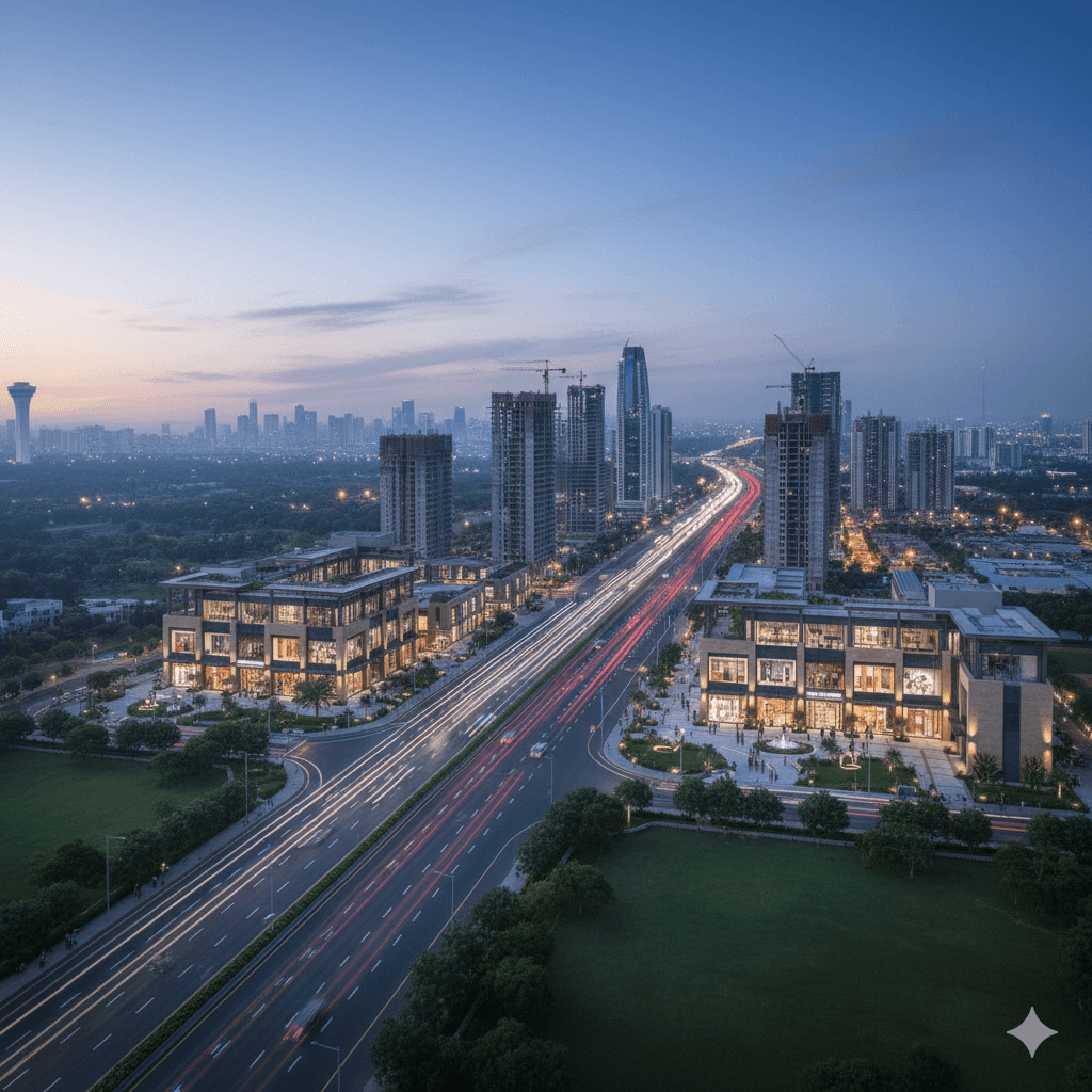 Aerial view of a major expressway junction and commercial buildings at twilight