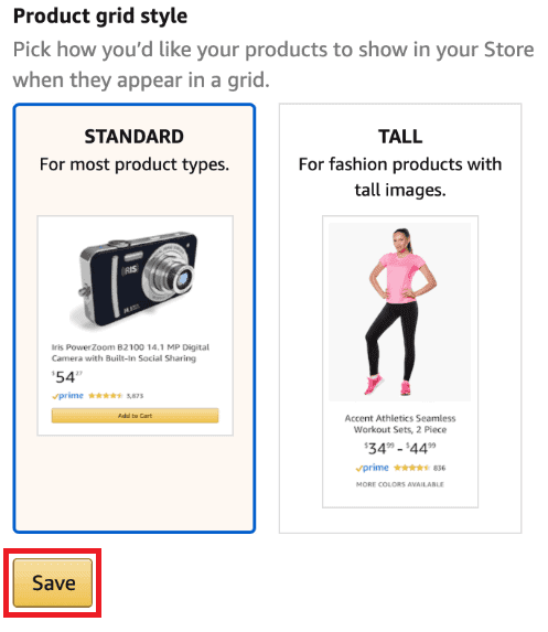 New tall product grid option available in Amazon seller storefront