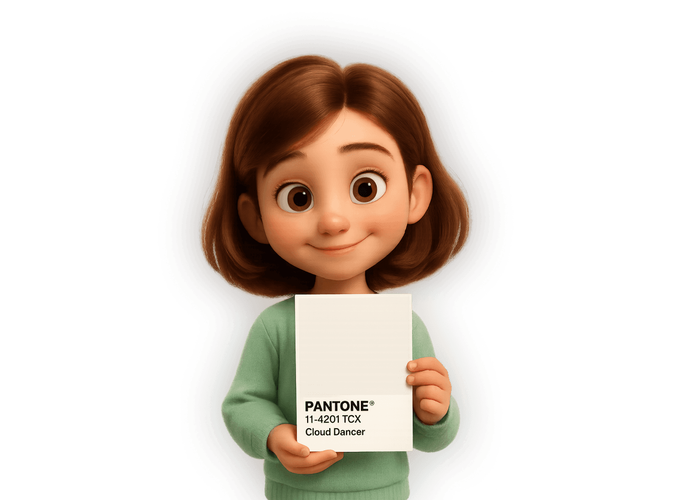 3D illustration of a smiling girl holding a Pantone color card labeled Pantone 11-4201 TCX Cloud Dancer, representing Pantone’s Color of the Year