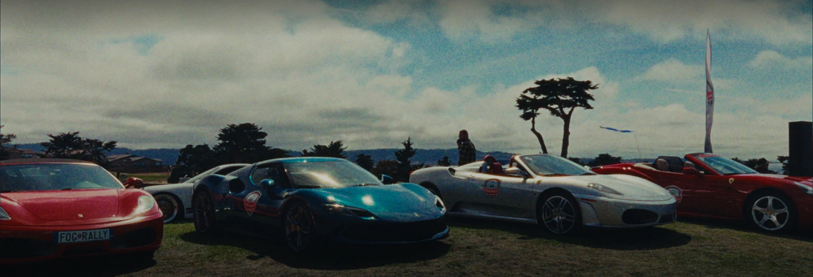 Classic sports cars parked on a lawn by the coast
