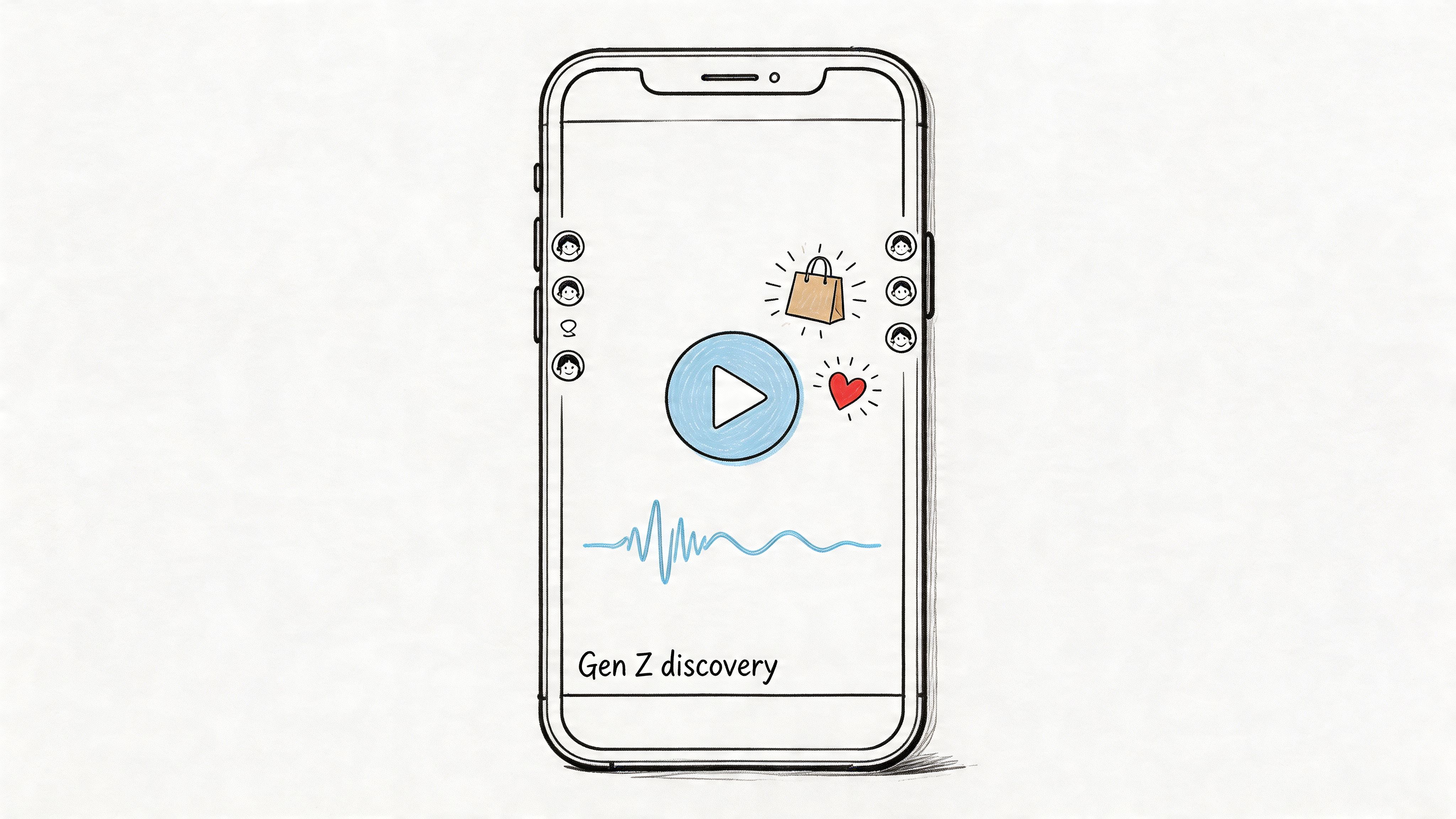 A hand-drawn sketch of a smartphone screen displaying video content, shopping, and social engagement icons for Gen Z.
