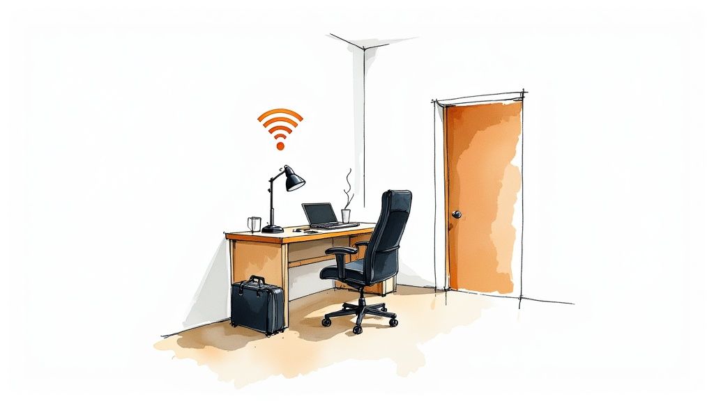An illustrated home office with a desk, laptop, office chair, and a visible WiFi signal.