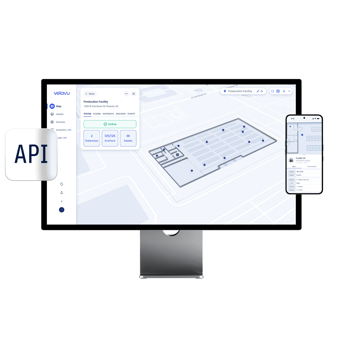 Velavu web dashboard, mobile app and API