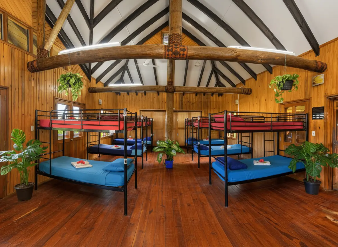 Fiji dormitory room at Uprising Beach Resort with wooden walls, high ceilings, and multiple bunk beds.