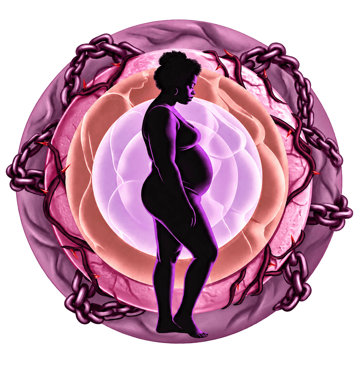 Pregnant woman's silhouette surrounded by layered pink and purple organic forms, intertwined chains, and thorny vines in a surreal editorial illustration.