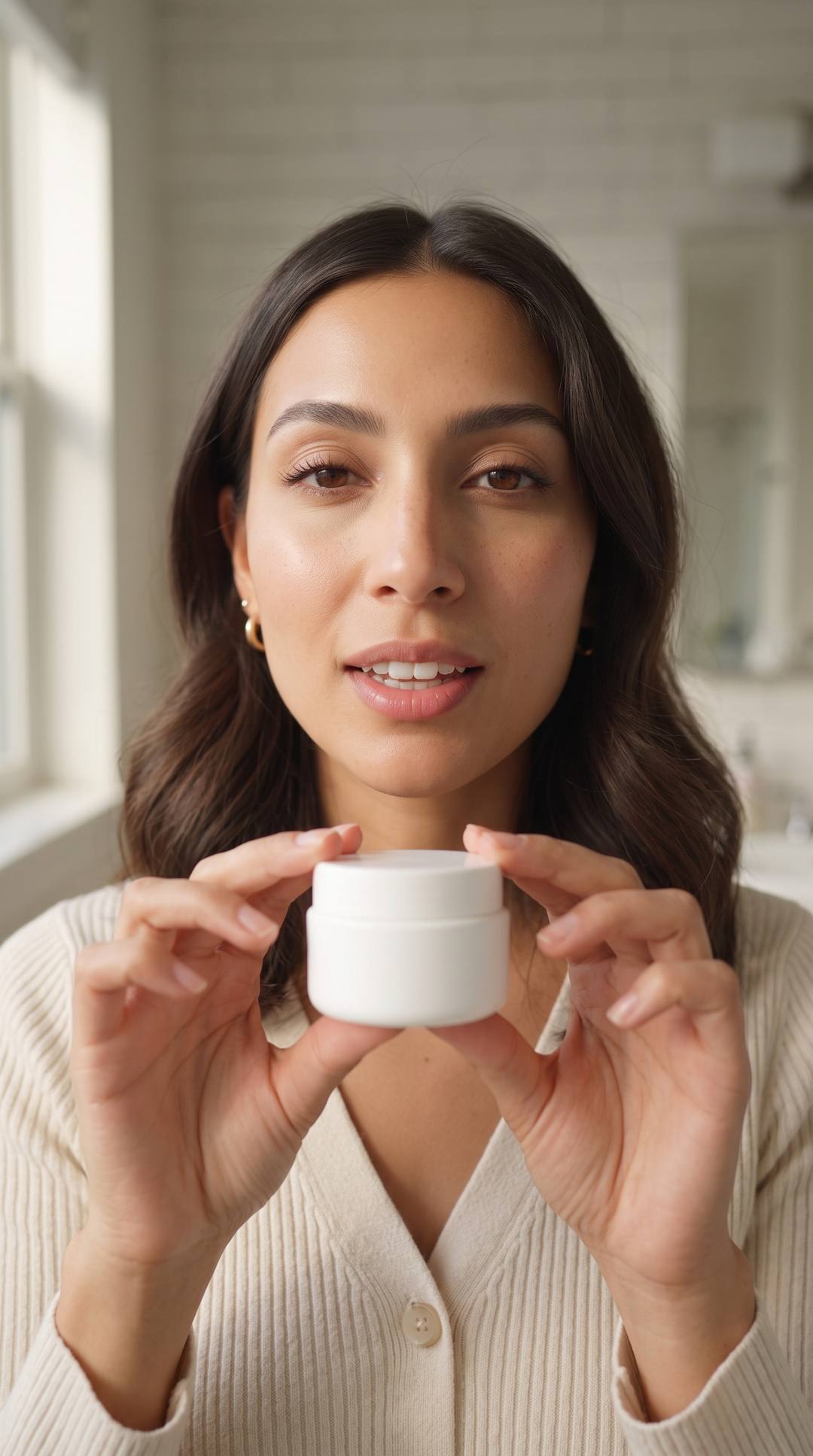 Juno holds a small white cream jar up to the camera in a bright bathroom