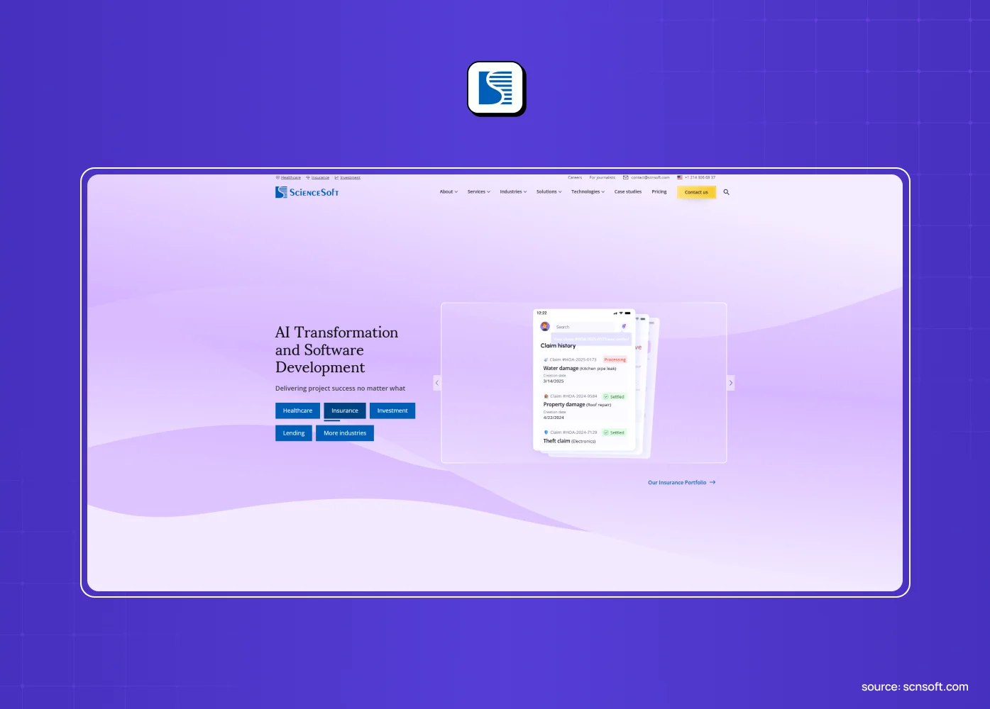 ScienceSoft website promoting AI transformation and software development, featuring a mobile interface visualization on a light purple background.