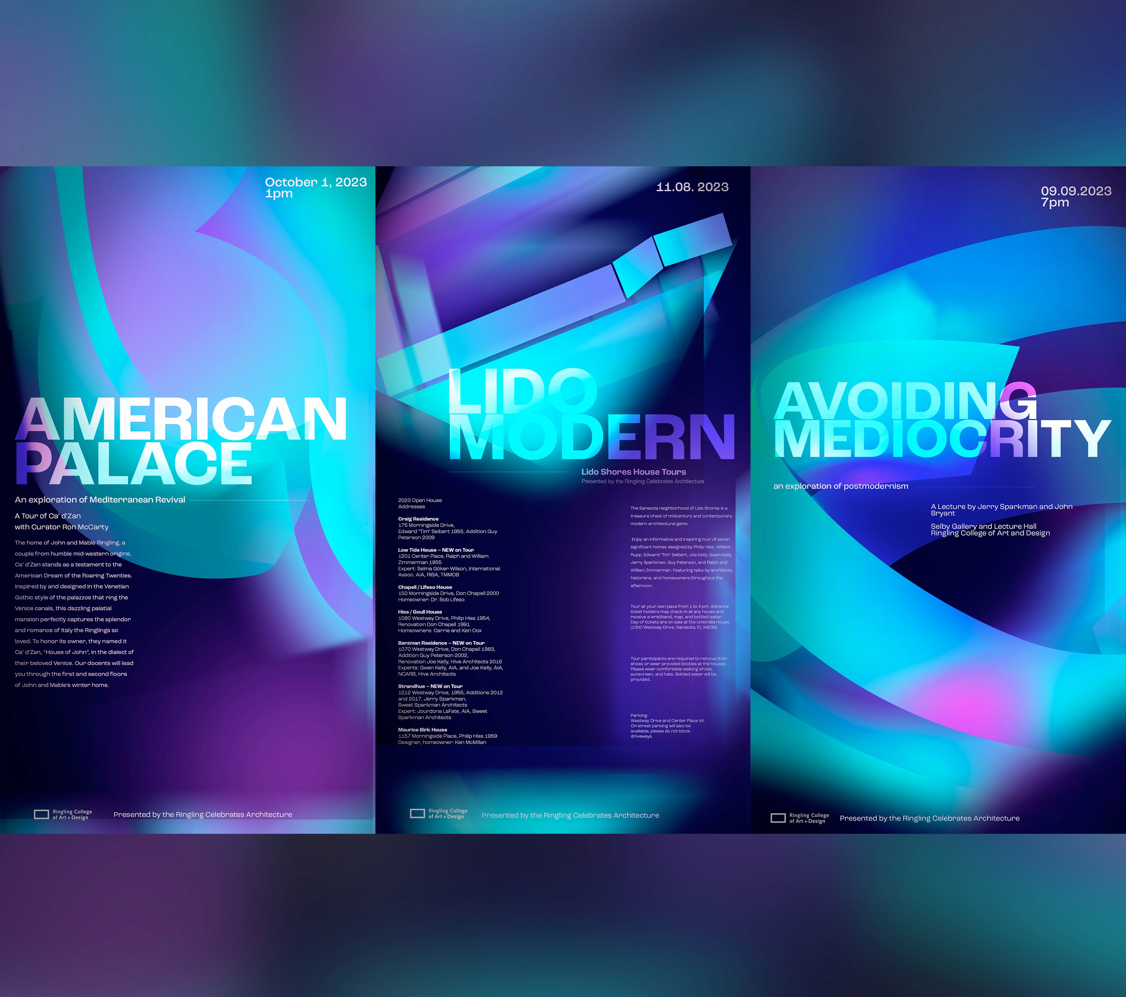 Poster design for “Lido Modern” featuring bold turquoise and purple gradient shapes over a dark blue background. Large overlapping text reads “LIDO MODERN,” with the subtitle “Lido Shores House Tours – Presented by the Ringling Celebrates Architecture.” The date “11.08.2023” appears at the top right. The lower portion lists participating homes and addresses for the 2023 open house, along with event details, ticket information, parking instructions, and the Ringling College of Art + Design logo at the bottom.