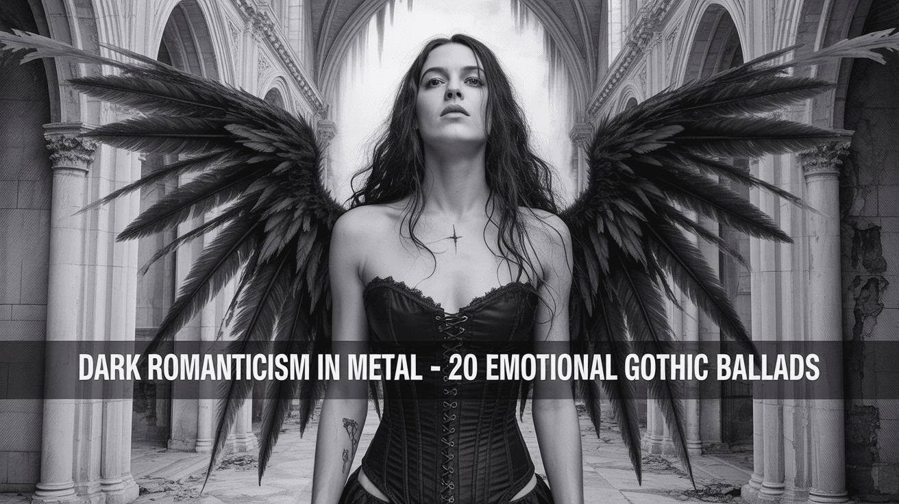 Gothic angel with black wings in a ruined cathedral and Dark Romanticism in Metal headline