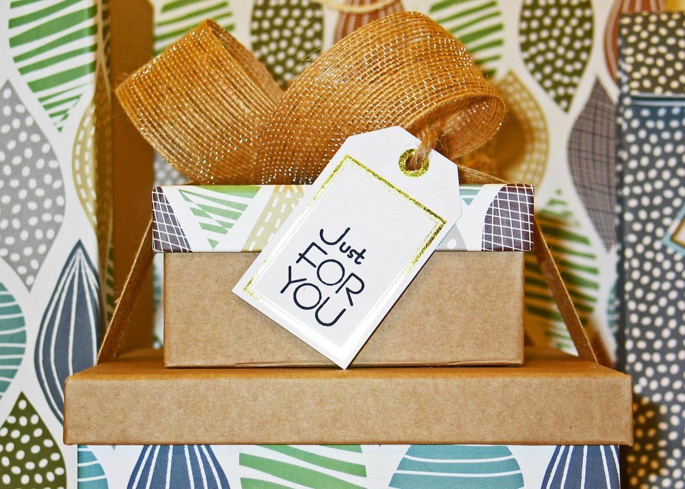 Gift ideas for yoga - wrapped present with a 'Just For You' tag
