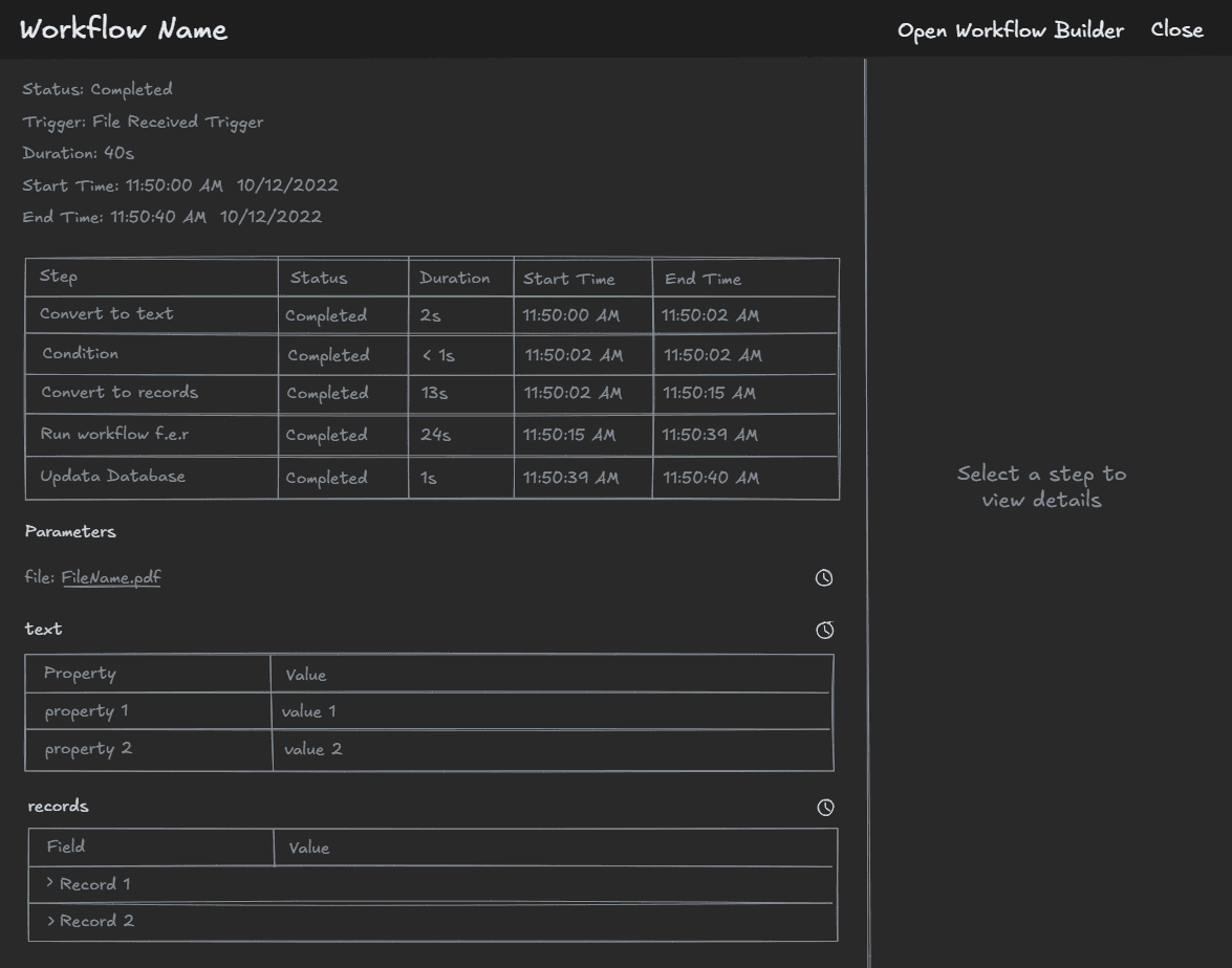 Low fidelity workflow log wireframe showing completed run with steps listed and details panel
