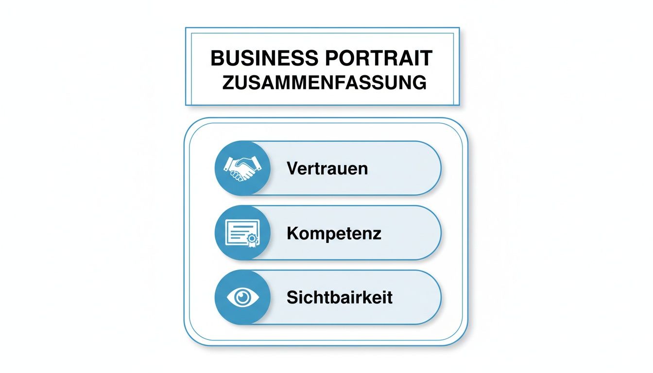 Übersicht zu einem Business Portrait mit den Schlüsselelementen Vertrauen, Kompetenz und Sichtbarkeit.