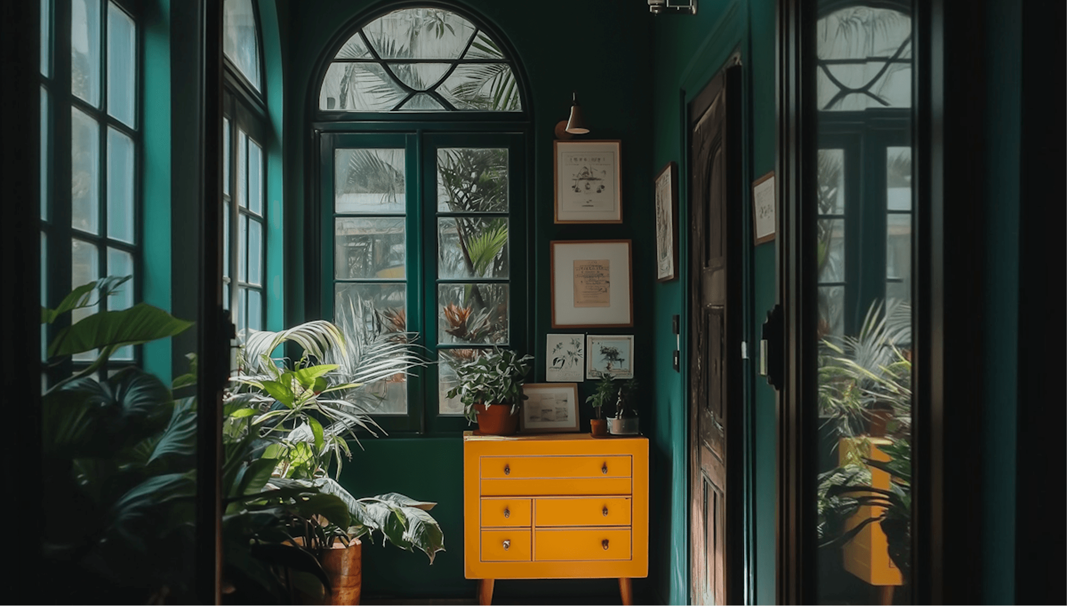 Green room with potted plants and modern side drawers