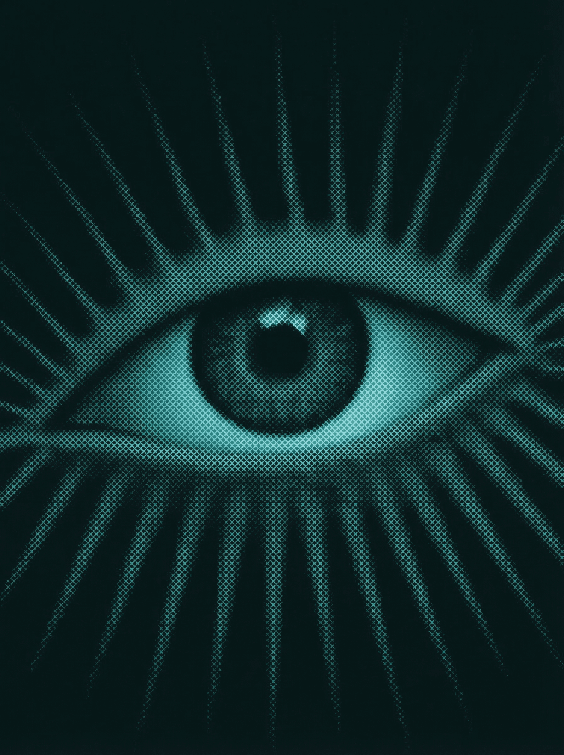 Illustrazione digitale a pixel di un occhio raggiante teal su sfondo scuro — xsolve Digital Studio