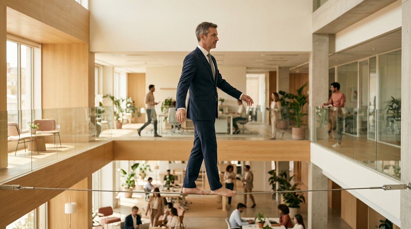 Un ejecutivo de traje camina descalzo sobre una cuerda floja en una oficina moderna y concurrida.
