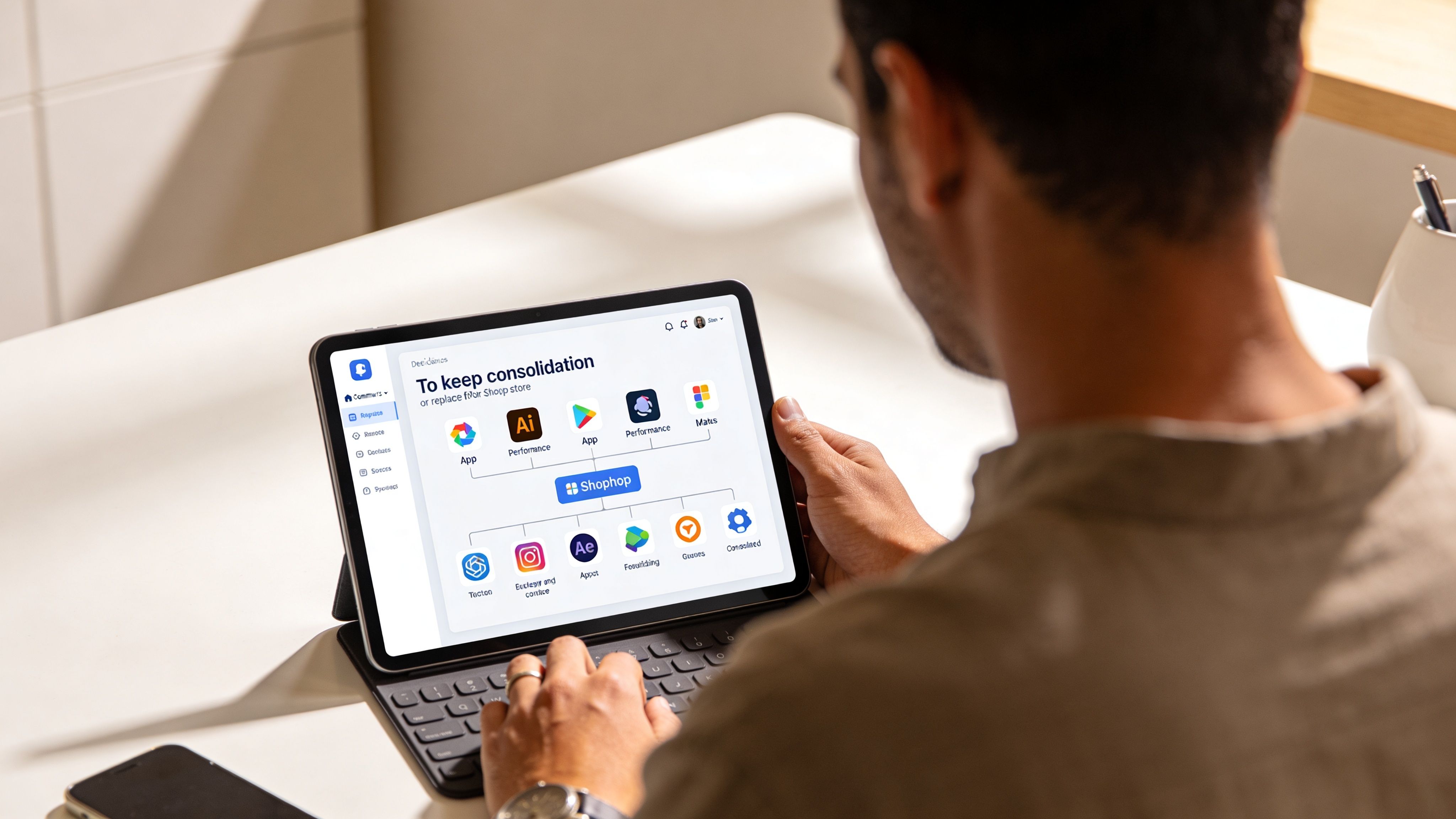 A professional analyzing a digital interface on a tablet that outlines a strategy for consolidating business applications.