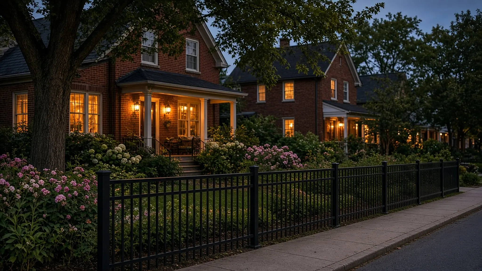 Brick homes at dusk with a black aluminum fence along the sidewalk