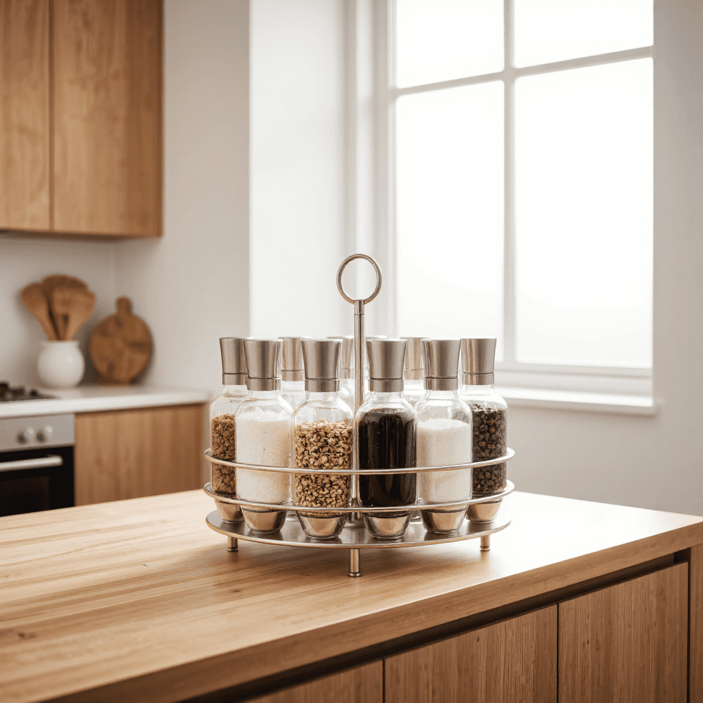 product photography of a round spice organizer with multiple containers for spices and oils