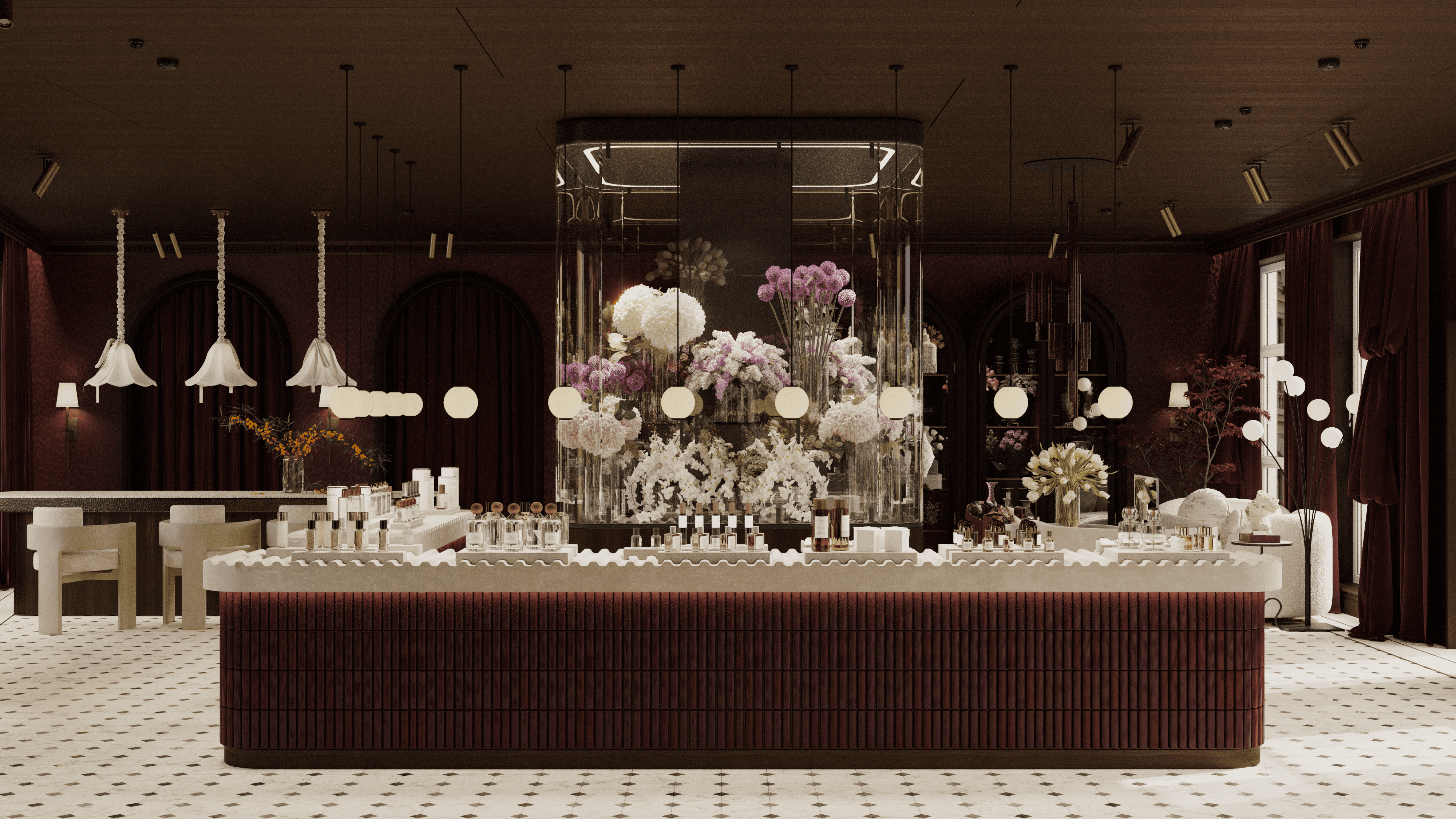 Luxurious boutique display with floral arrangements & skincare products.