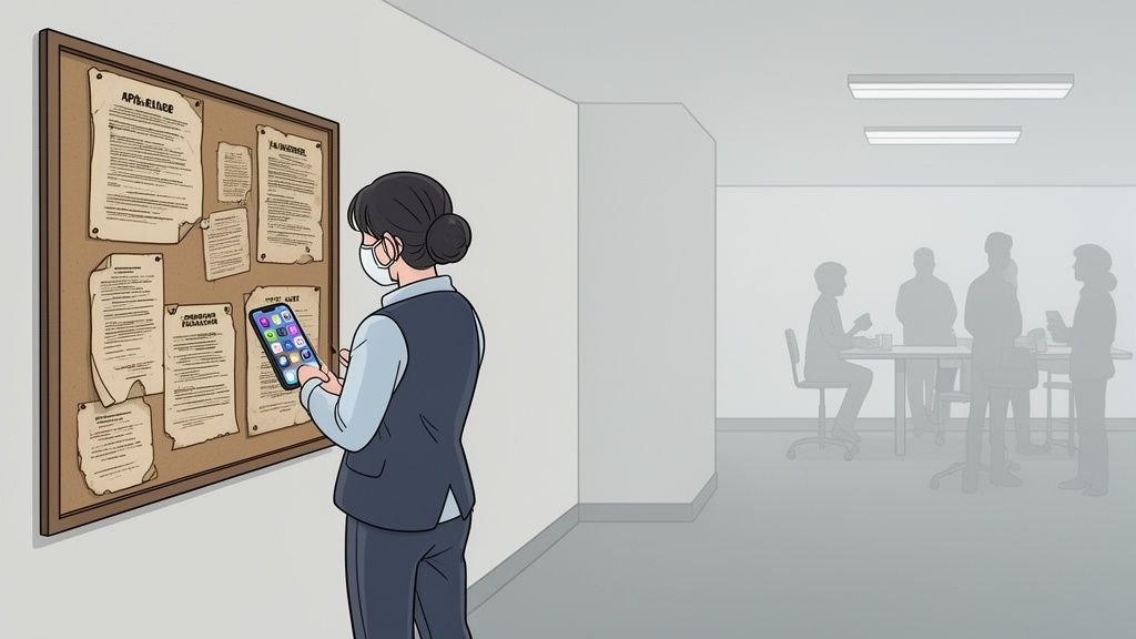 A masked woman looks at a bulletin board while holding a smartphone in an office.