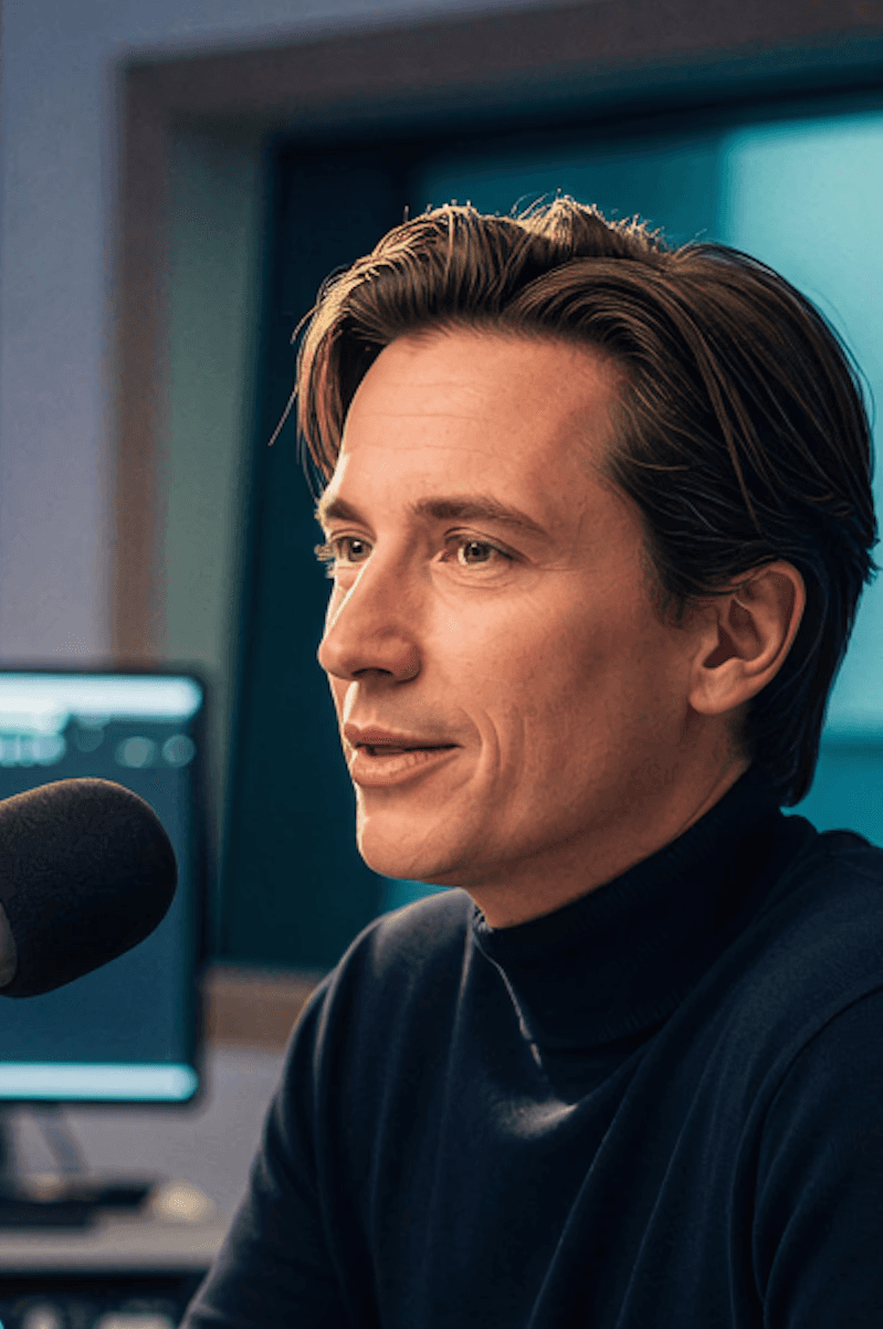 A person speaking into a microphone in a studio, wearing a dark turtleneck, appearing thoughtful.