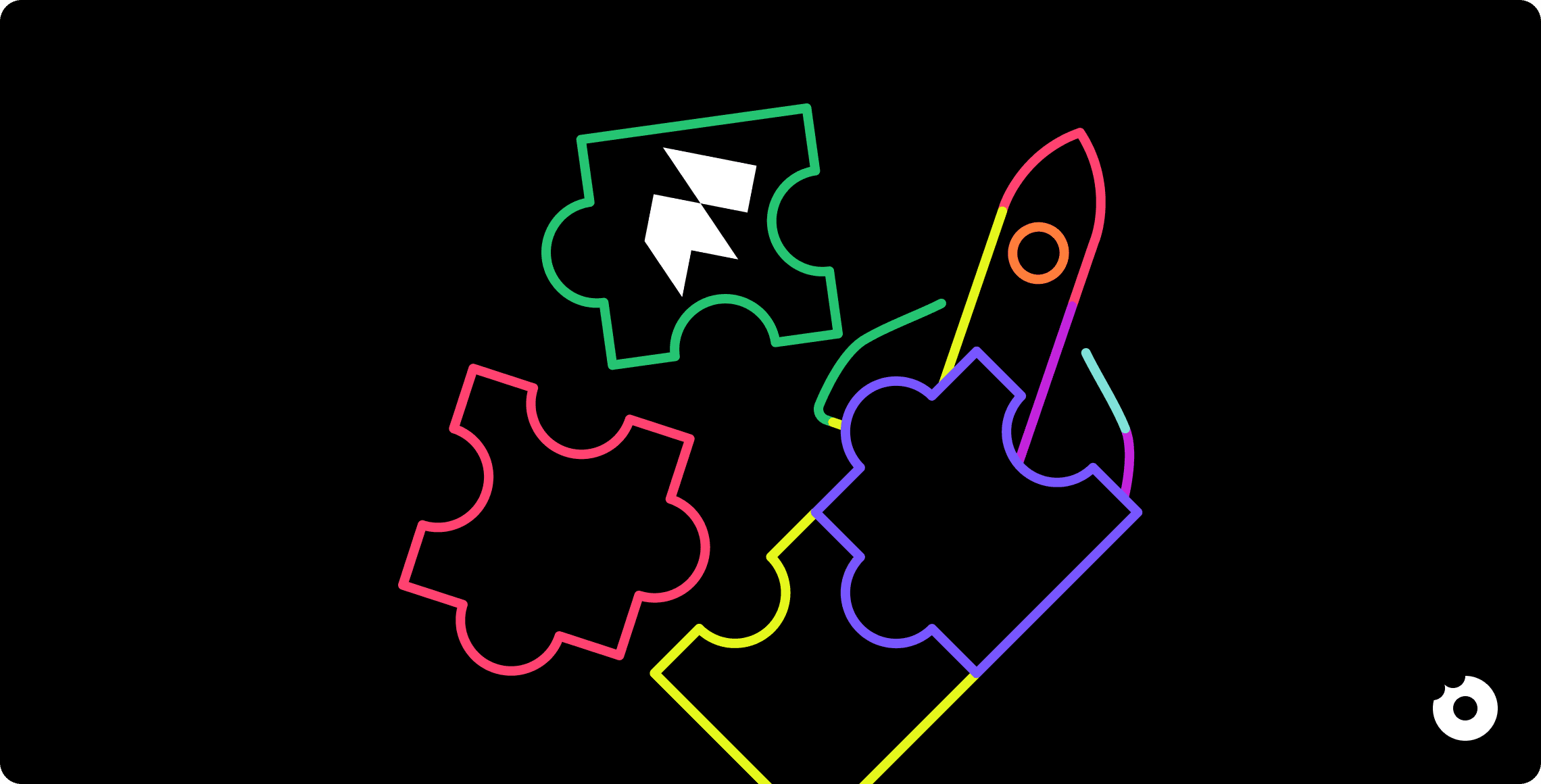 Colorful puzzle pieces and a rocket assembling, symbolizing building and launching a product