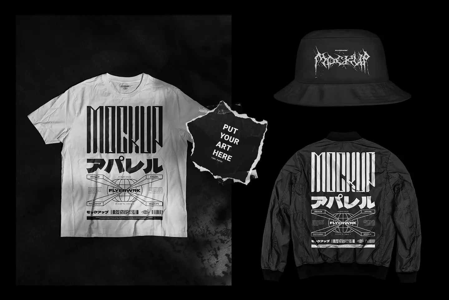 Fashion mockups including t shirt and jacket designs from Flyerwrk Freebies Vault