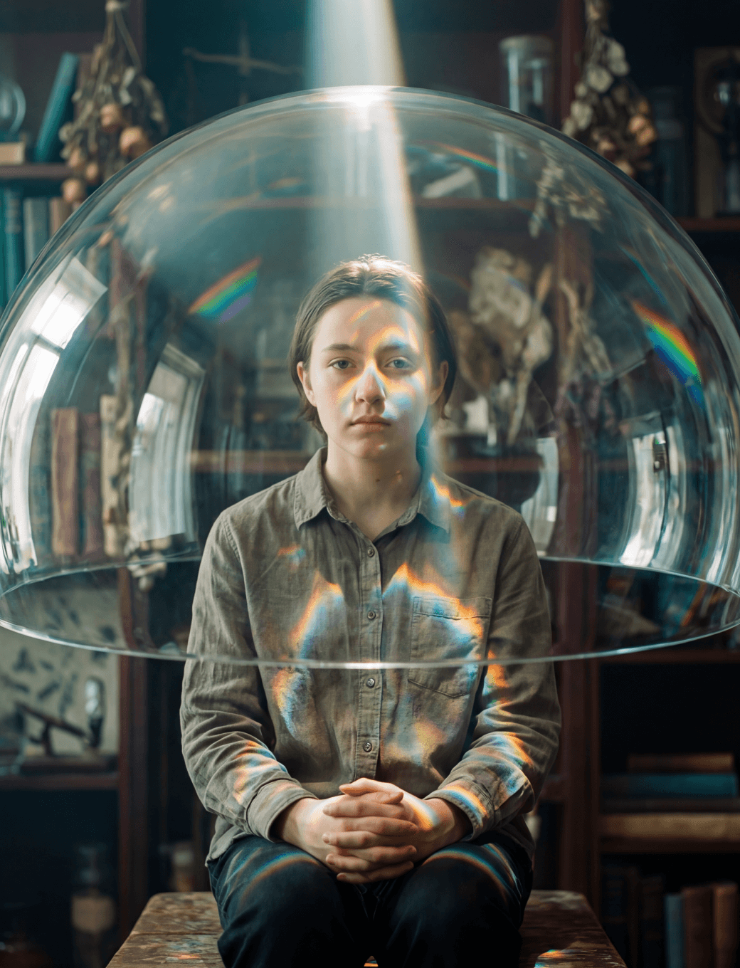 Person sitting inside a transparent glass sphere surrounded by books.
