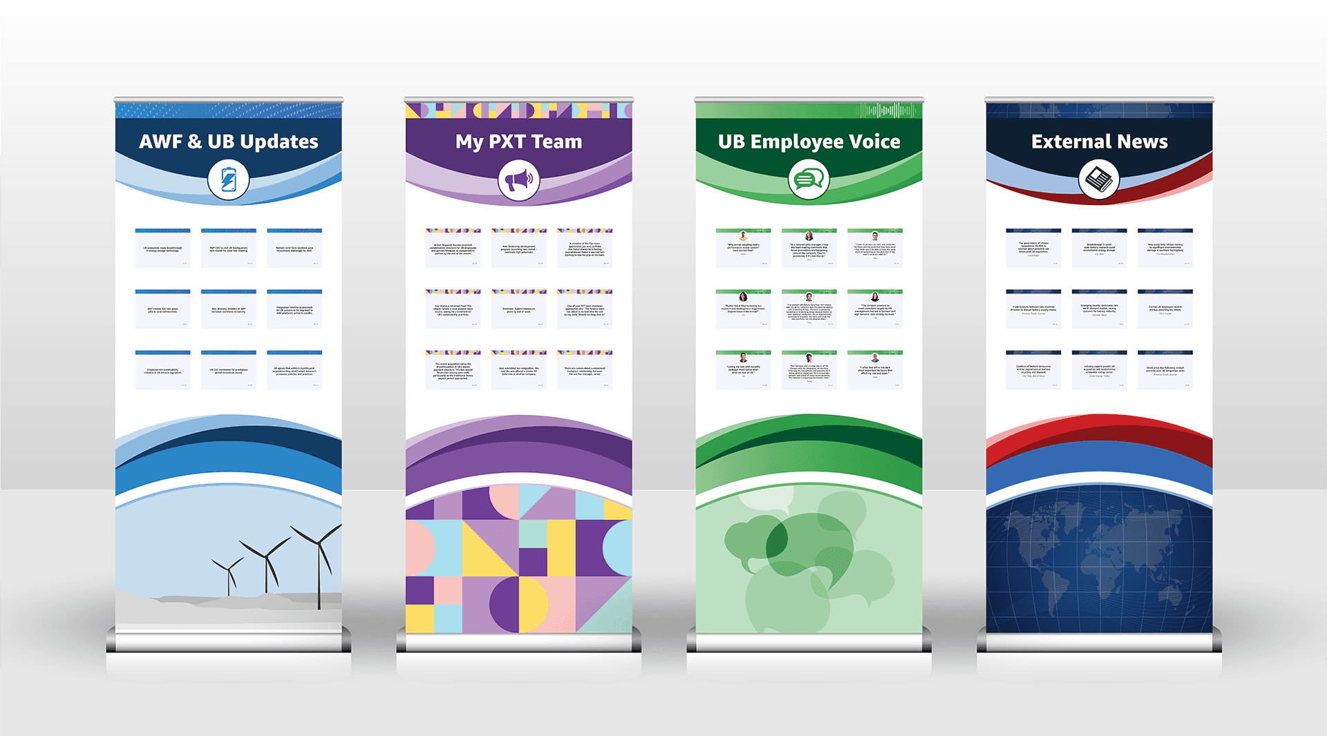 Four interactive roll-up banners used in the leadership workshop