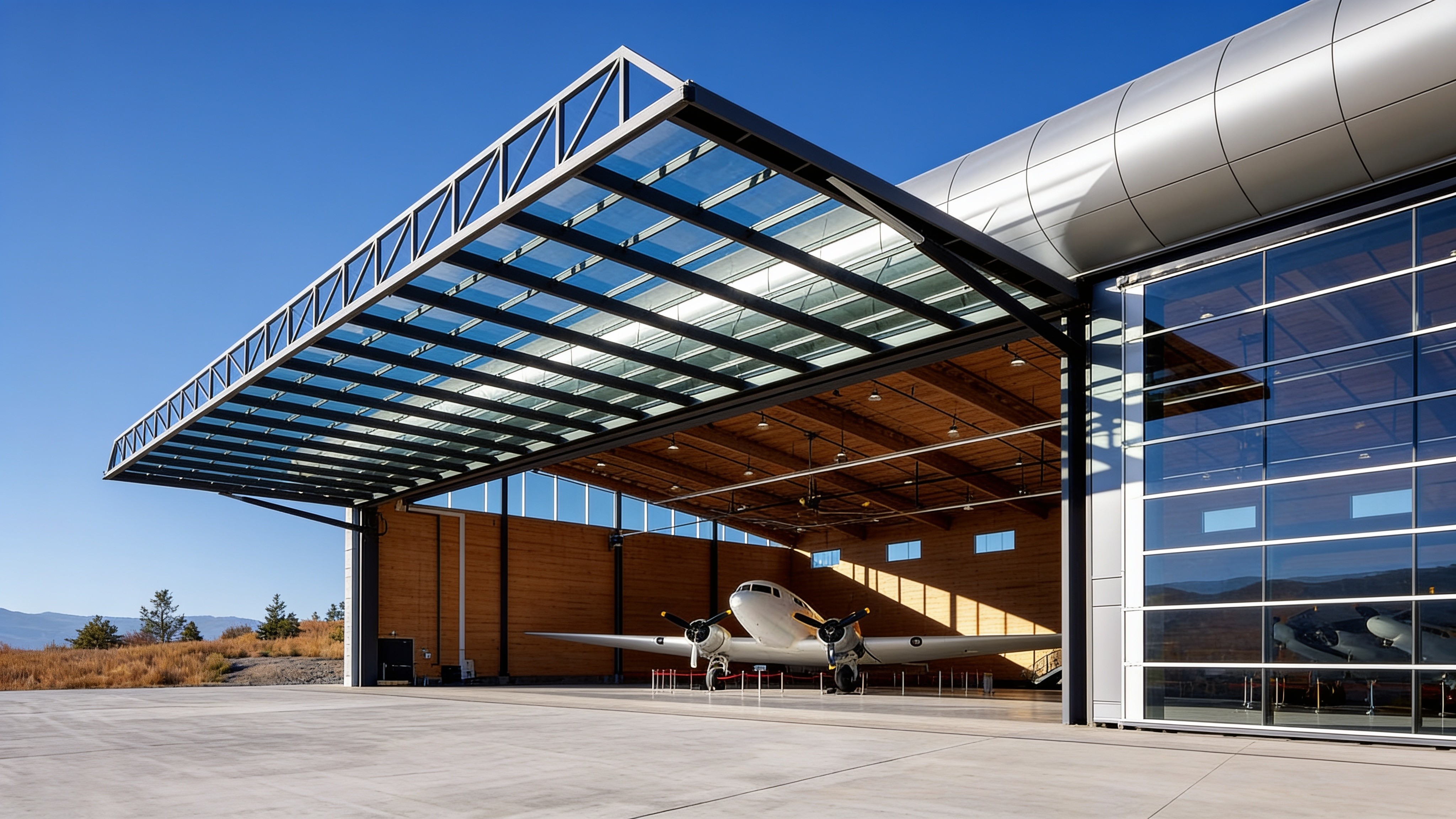 Steel hangar with an open glass hydraulic canopy door and a private aircraft