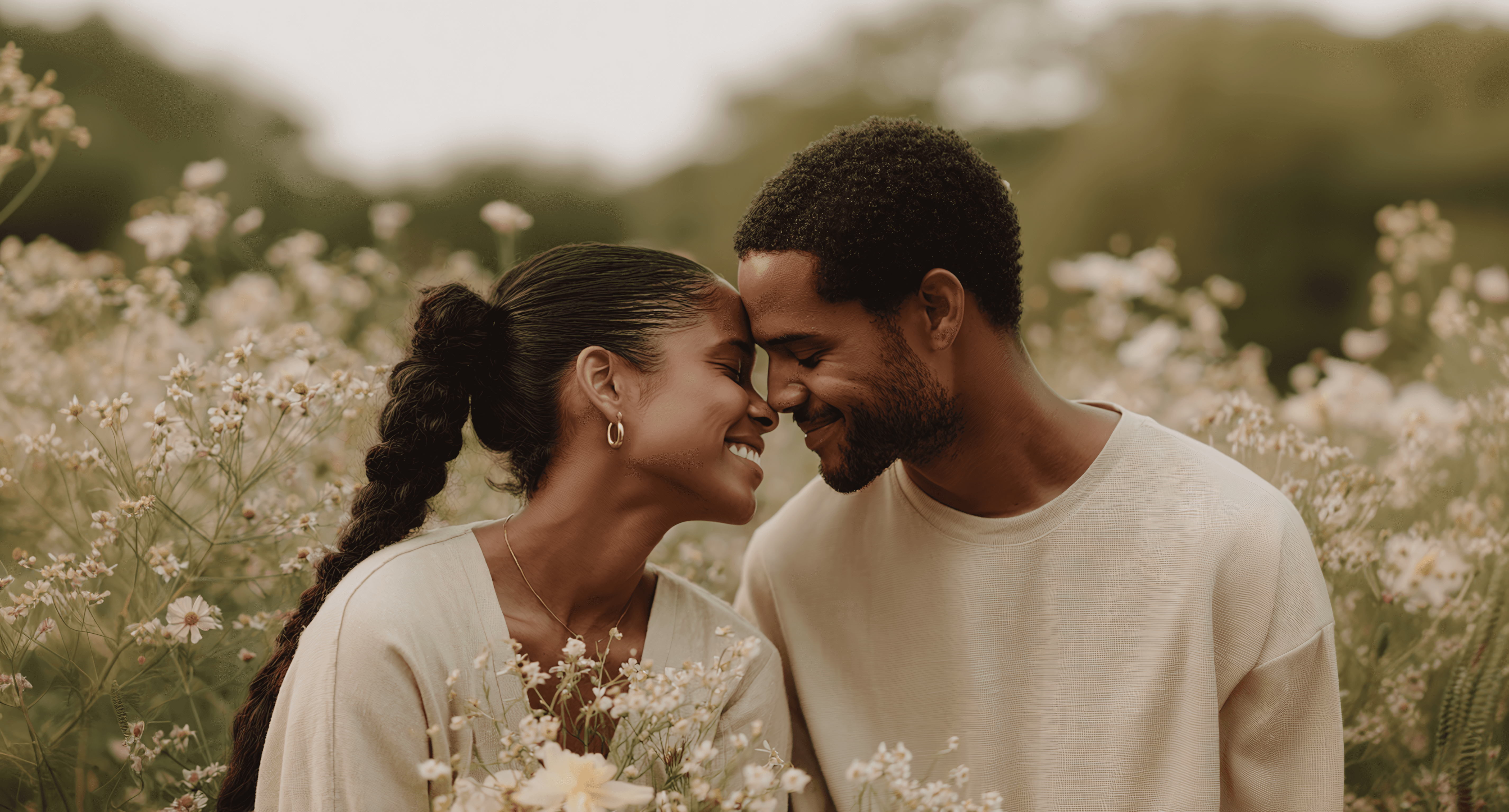 Couple sitting on vintage bicycle in wildflower field at sunset in the Cotswolds