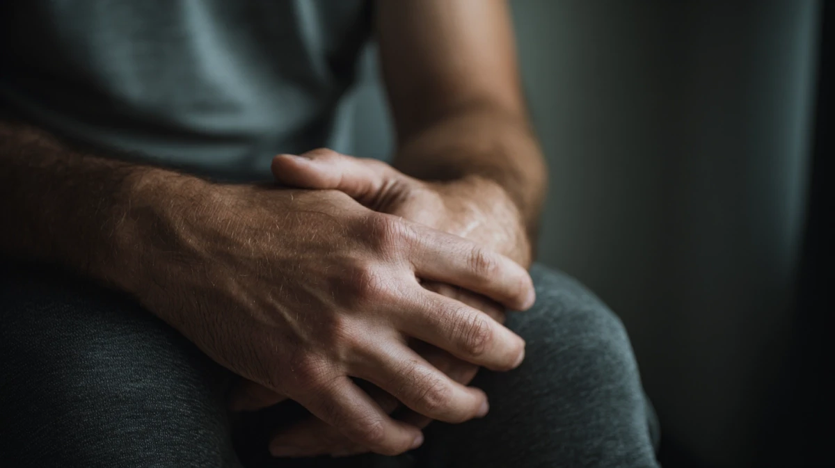 Close-up of a man's hands resting calmly on his knees.