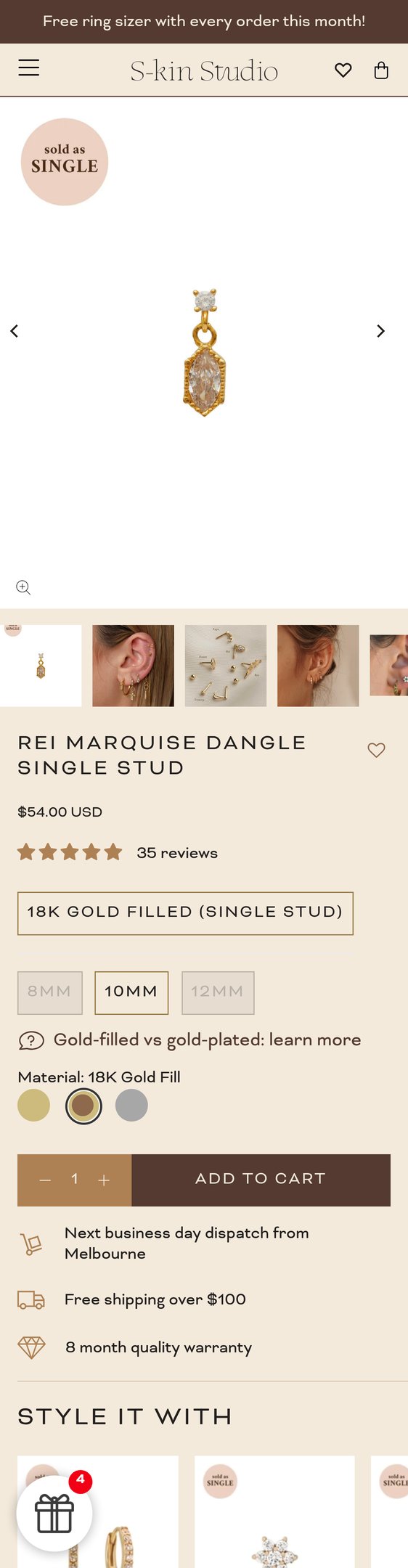 Jewelry product options include: earring for Rei Marquise Dangle Single Stud from S-kin Studio Jewelry.