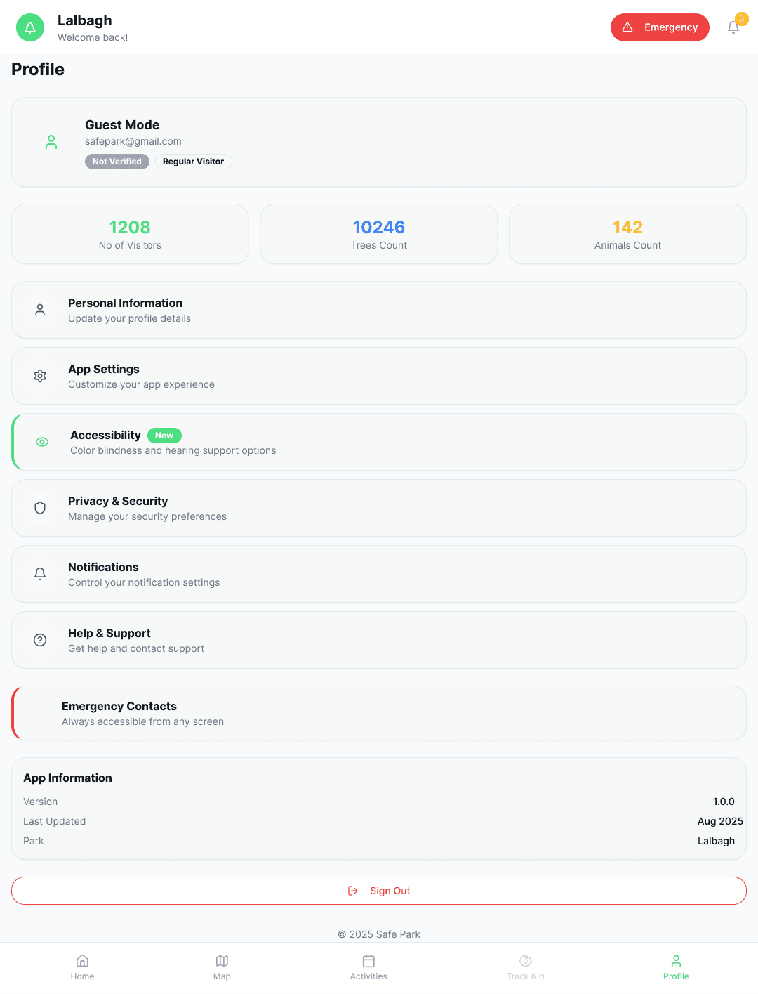 Safe Park screen — navigation