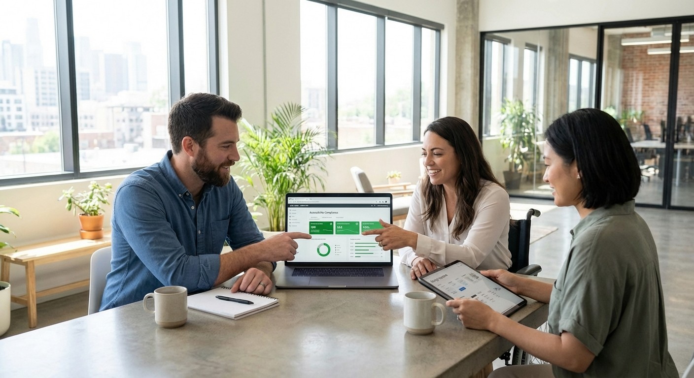Two team members talking in a bright open conference room.