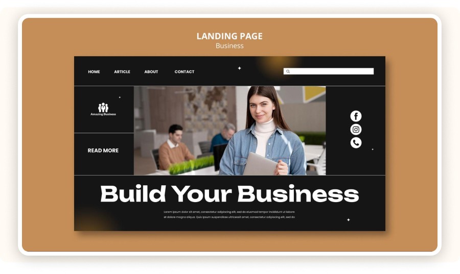 Professional landing page interface with a smiling entrepreneur holding a laptop in the foreground